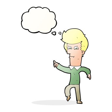 Çizgi film adamı düşünce balonunu işaret ediyor.