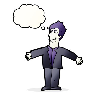 Düşünce baloncuğuyla kollarını açmış vampir bir çizgi film kahramanı.