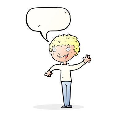 çizgi film mutlu çocuk konuşma balonuyla el sallıyor