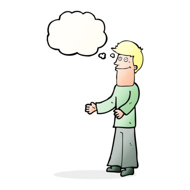 Çizgi filmci düşünce baloncuğuyla omuz silkiyor.