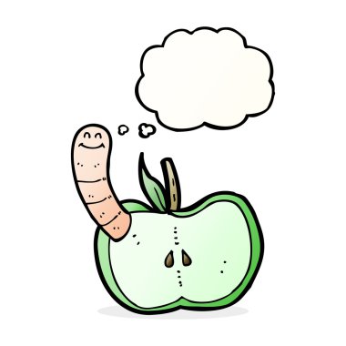 Düşünce baloncuklu solucanlı çizgi film elması