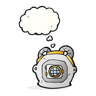 Düşünce baloncuklu eski bir derin deniz dalgıcı kaskı.