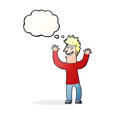 Düşünce baloncuğu olan heyecanlı bir adam.