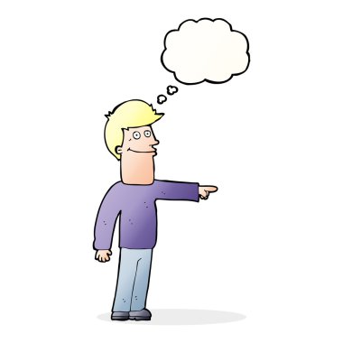 Çizgi film adamı düşünce balonunu işaret ediyor.