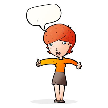 Karikatür kadını konuşma baloncuğu ile baş parmak işareti yapıyor.
