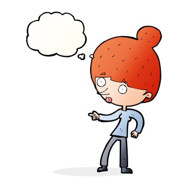 Çizgi film kadını düşünce balonunu işaret ediyor.