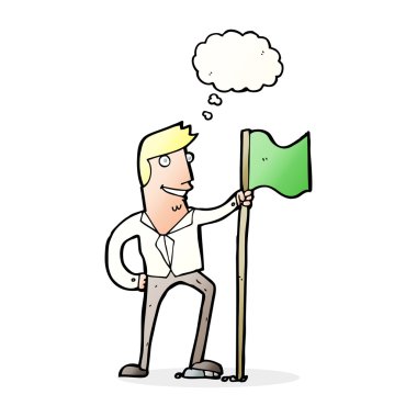 Düşünce baloncuğu ile bayrak diken çizgi film adamı