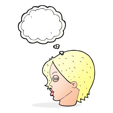 Düşünce baloncuğu ile donuk bakışlı kadın yüzü