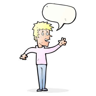 çizgi film mutlu çocuk konuşma balonuyla el sallıyor