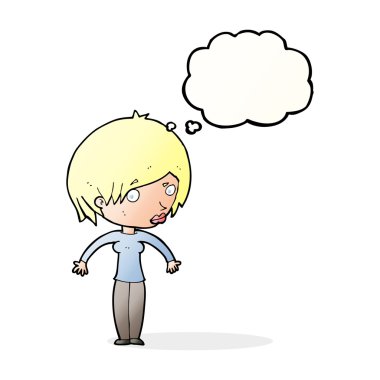 Çizgi filmdeki kadın düşünce balonuyla omuz silkiyor.