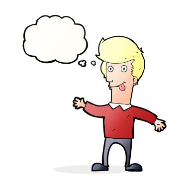 Düşünce baloncuğuyla dil çıkaran çizgi film adamı.