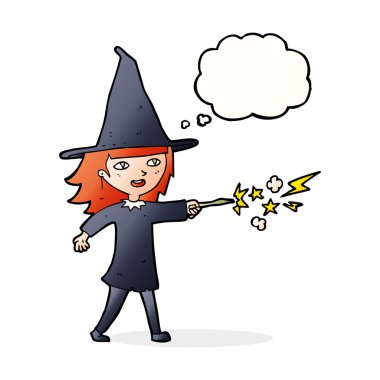 çizgi film cadısı kız düşünce baloncuğuyla büyü yapıyor.