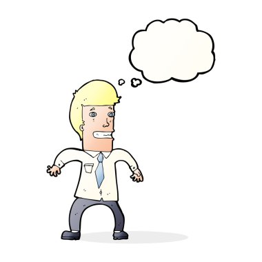 Düşünce baloncuğu olan sinirli iş adamı.