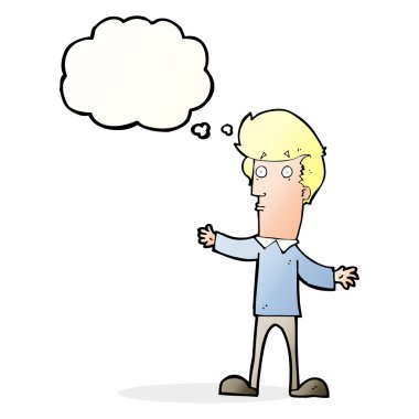 Düşünce baloncuğu olan ürkmüş bir adam.