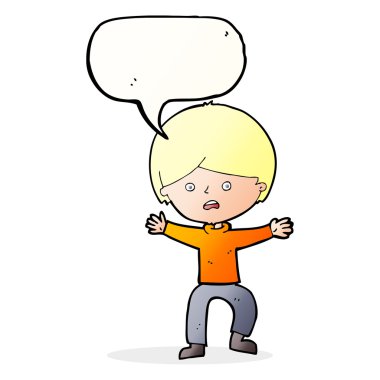 Çizgi filmci çocuk konuşma baloncuğuyla panikliyor.