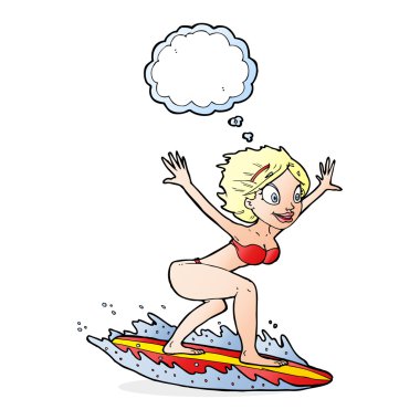 Düşünce balonlu sörfçü kız.