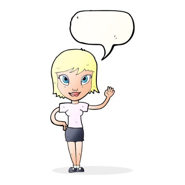 Çizgi film kadını konuşma balonuyla el sallıyor.