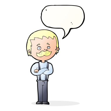 Konuşma baloncuklu bıyıklı çizgi film adamı.