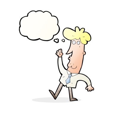 Düşünce baloncuğu olan bir ofis adamı.