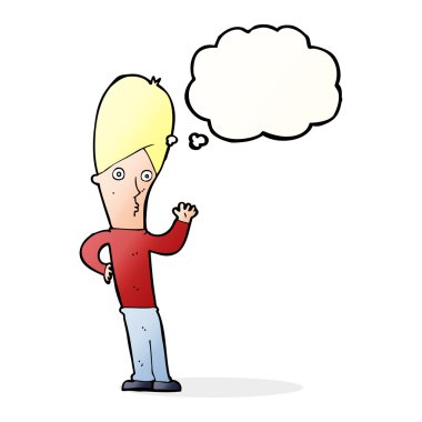 Düşünce baloncuğuyla el sallayan çizgi film adamı.