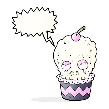 Konuşma baloncuklu ürkütücü kafatası keki.