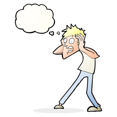 Düşünce baloncuğuyla panikleyen çizgi film adamı.