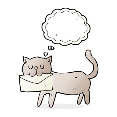 Düşünce baloncuklu mektup taşıyan çizgi film kedisi.