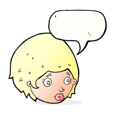 Konuşma baloncuğuyla ilgili endişeli ifadesi olan çizgi film kızı.