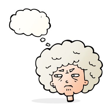 Düşünce baloncuğu olan huysuz yaşlı kadın.