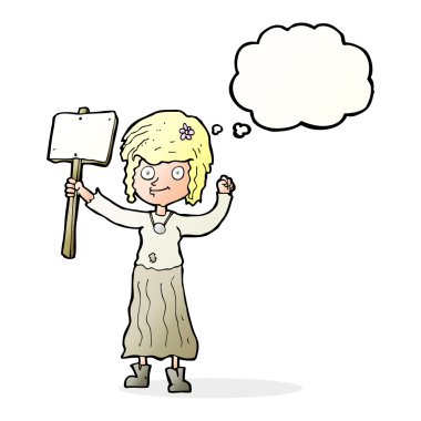 Karikatür hippi kız protesto işareti ve düşünce kabarcığı