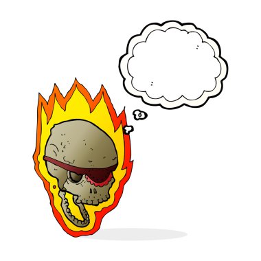 Düşünce baloncuklu yanan korsan kafatası
