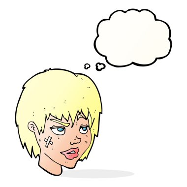 Düşünce baloncuğu yüzlü karikatür kadın.