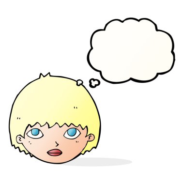 Düşünce baloncuğuyla bakan çizgi film kızı.