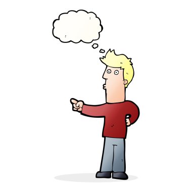 Çizgi film adamı düşünce balonunu işaret ediyor.