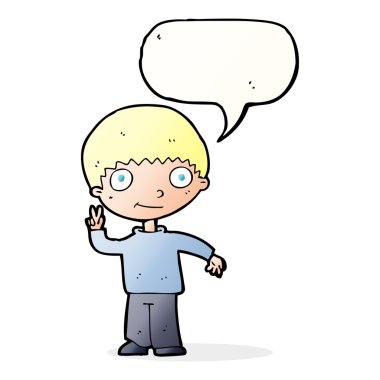 Çizgi film çocuğu konuşma balonuyla barış işareti yapıyor.