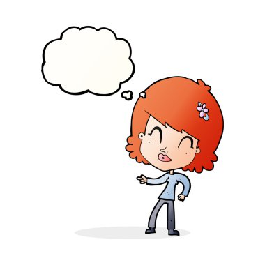 çizgi film mutlu kadın düşünce baloncuğu ile işaret