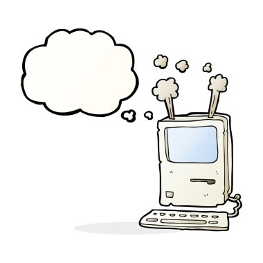 Düşünce baloncuklu eski bilgisayar