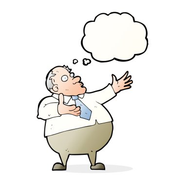 Düşünce baloncuğu olan orta yaşlı bir adam.