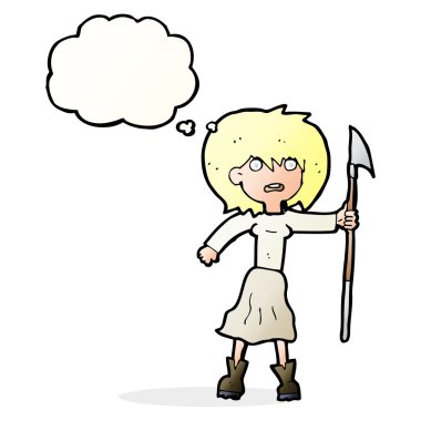 Düşünce balonlu zıpkın taşıyan çizgi film kadını.