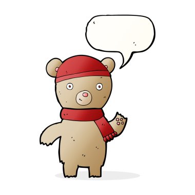 Konuşma balonlu oyuncak ayıyı sallayan çizgi film