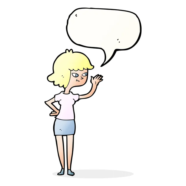 Dibujos animados amigable chica ondeando con el habla burbuja — Archivo Imágenes Vectoriales