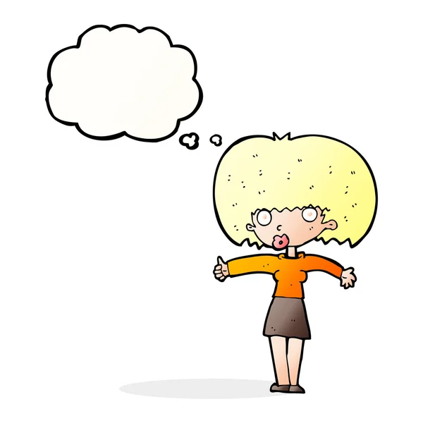 Mujer de dibujos animados dando pulgares hacia arriba símbolo con burbuja de pensamiento — Vector de stock