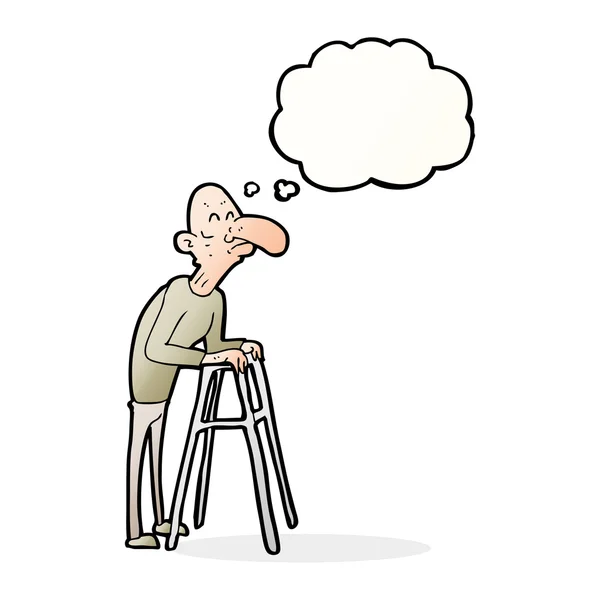 Cartoon alter Mann mit Gehgestell mit Gedankenblase — Stockvektor