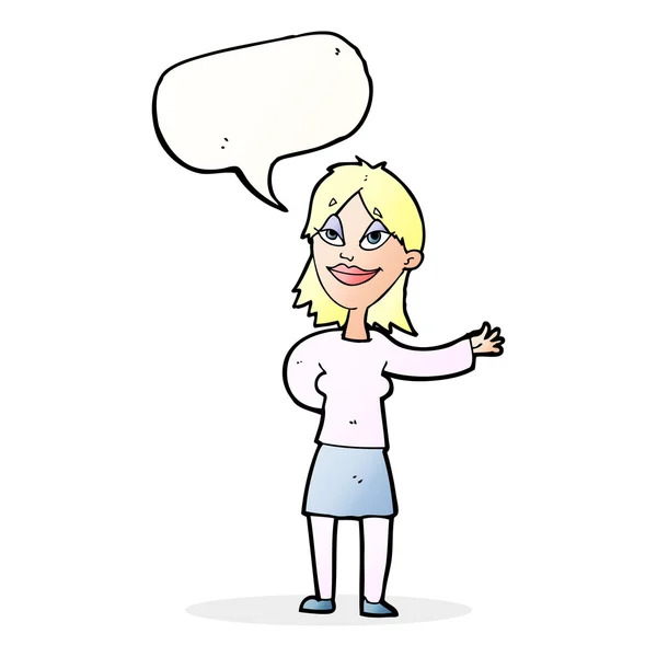 Mujer de dibujos animados gesto para mostrar algo con la burbuja del habla — Vector de stock