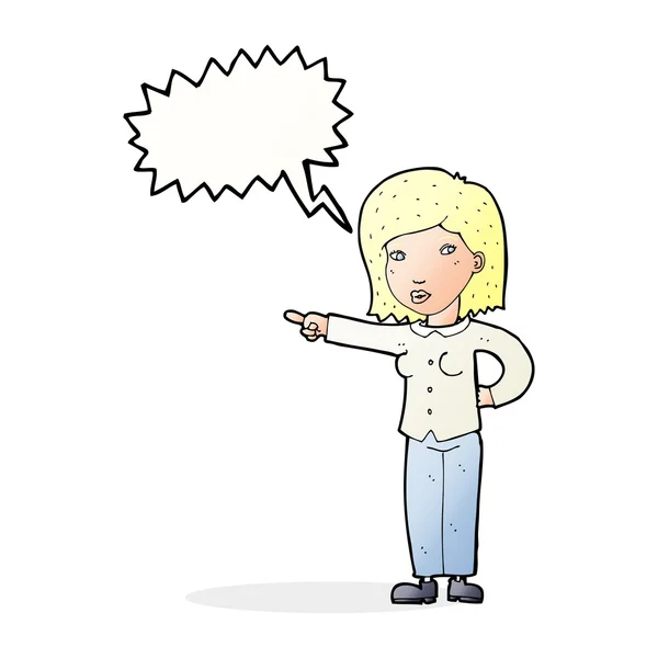 Cartoon woman pointing with speech bubble — Stock Vector