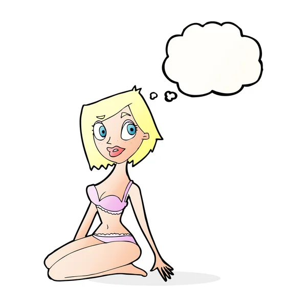 Karikatur hübsche Frau in Unterwäsche mit Gedankenblase — Stockvektor