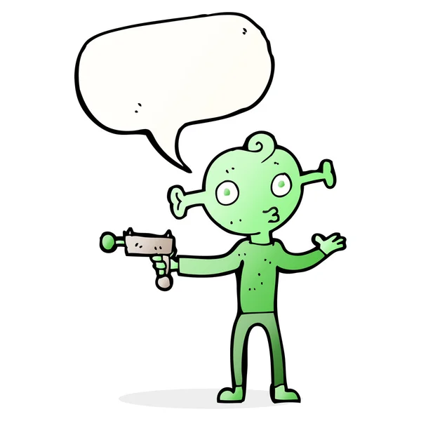 Cartoon alien with ray gun with speech bubble — Stock Vector