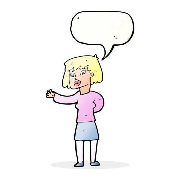 Femme dessin animé expliquant avec bulle de parole — Image vectorielle