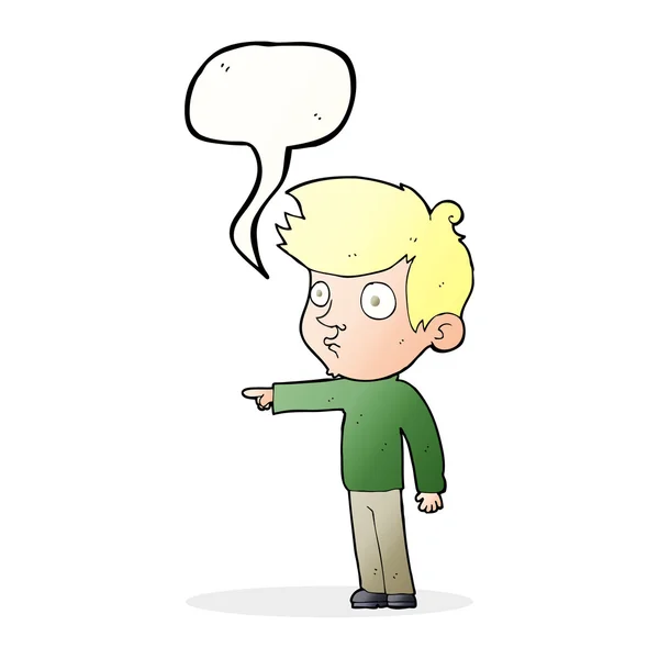 Dibujos animados apuntando chico con burbuja del habla — Vector de stock