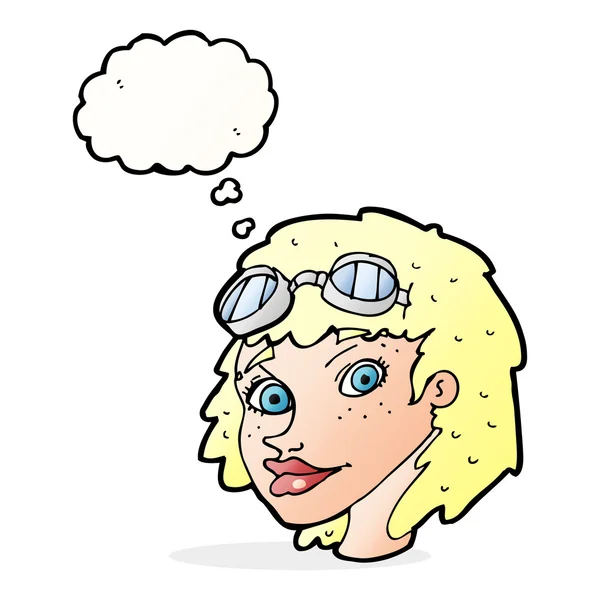 Cartoon happy woman wearing aviator goggles with thought bubble — Stock Vector